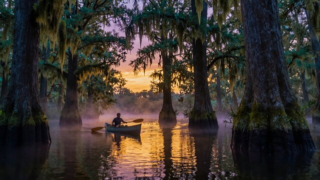 A lone paddler glides through misty cypress swamps as golden sunlight reflects on calm waters beneath towering trees draped in Spanish moss.