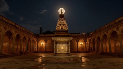 Fototapeta premium Moonlit ancient temple courtyard with intricate central shrine under night sky with culturalheritage