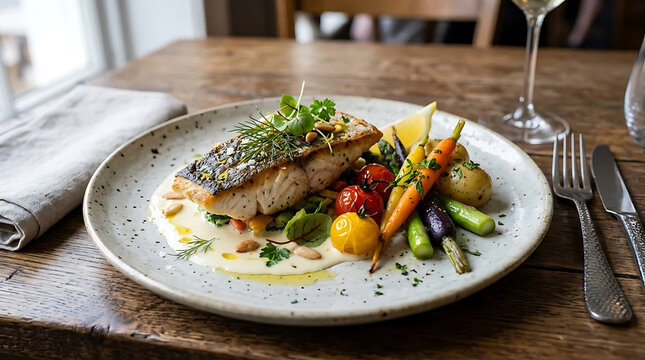 Gourmet grilled white fish fillet served with roasted seasonal vegetables and creamy sauce on a rustic plate at a restaurant.
