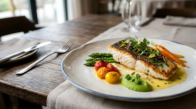 Gourmet pan-seared white fish fillet with crispy skin, served with asparagus, cherry tomatoes, and vegetable puree on a rustic wooden restaurant table, elegant healthy seafood dining.
