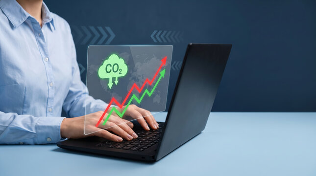 Carbon emission chart displayed by business analyst using laptop. green renewable energy sustainability. future management responsibility, graph report statistic analysis monitoring