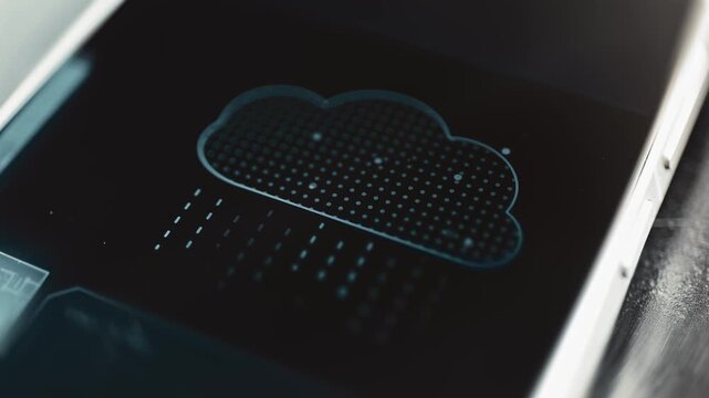Cloud data streams descend through interface