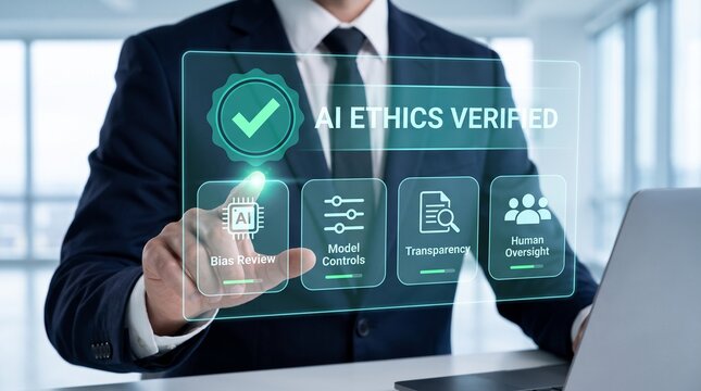 AI ethics verified concept with businessman verifying model controls and algorithmic compliance transparency