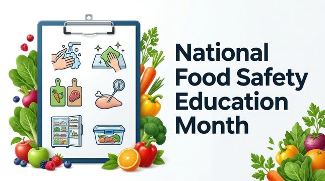 National food safety education month concept with icons and fresh vegetables isolated on white background
