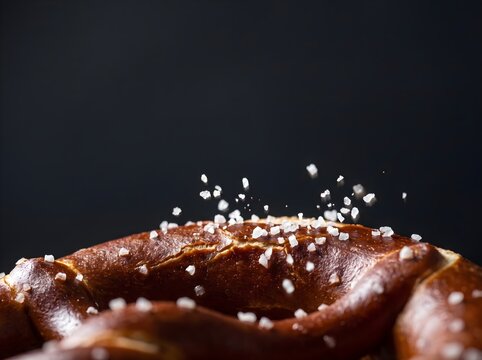 Macro Close-up of Coarse Sea Salt Sprinkled on Fresh Baked Bavarian Pretzel