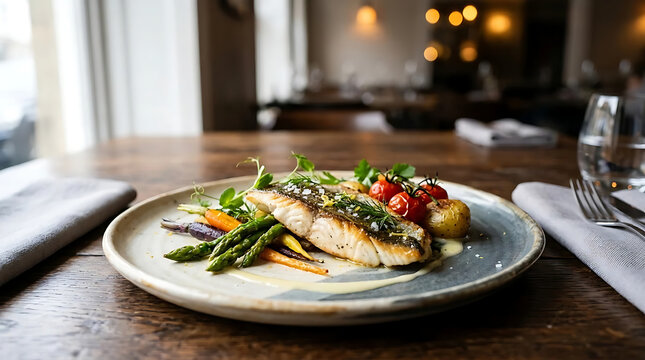 Gourmet pan-seared white fish fillet served with roasted asparagus, cherry tomatoes, baby carrots, and fresh herbs on a stoneware plate, fine dining concept in an elegant restaurant setting.