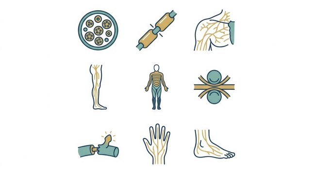 Illustration shows detailed components of peripheral nerve anatomy, including nerve plexus and dermatome information relevant for neurology.