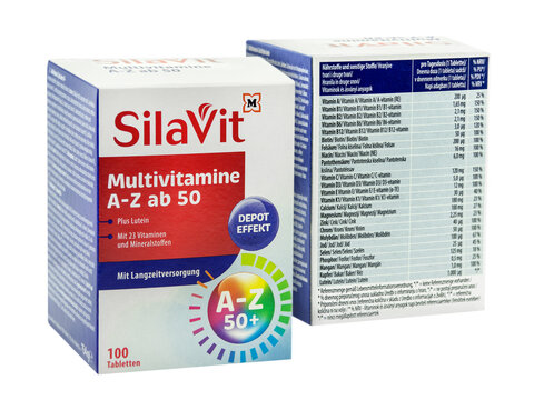 Silavit Multivitamine A-Z Depot Effekt 100 Tabletten mit Dosierung Hintergrund weiss