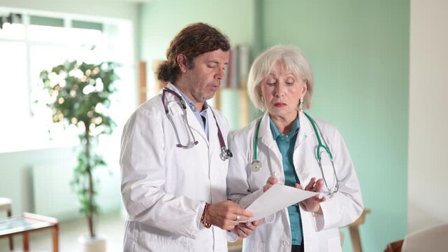 Senior female doctor with man colleague review or read medical documents, tests. Colleagues consult, discuss complex and confusing clinical case, consider treatment options, and discuss hypotheses. 
