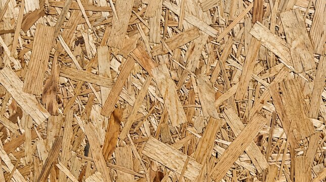 Texture of oriented strand board OSB featuring compressed wood chips, flakes, and splinters in a natural brown pattern, suitable for construction, building, and industrial design.
