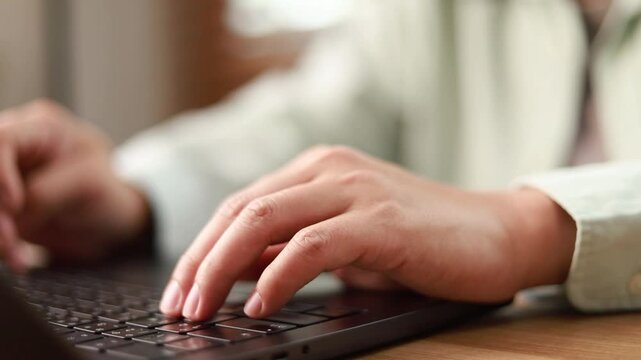 Close-up view of male hands typing quickly on a dark laptop keyboard while working remotely at home office. Modern digital communication, freelance work, and online business technology concept