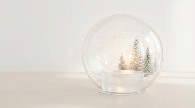 A glass snow globe with a circular pedestal display stand and small decorative trees inside