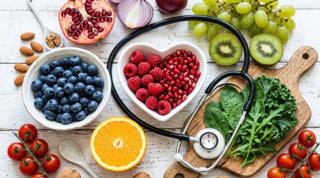 Healthy food and stethoscope on white wooden background for National Food Safety Education Month