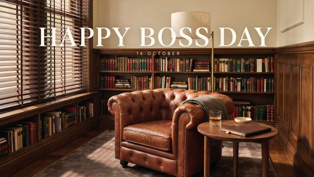Happy Boss Day greeting card, vintage executive office with leather armchair, classic library study for October 16 celebration