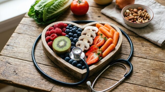 Heart-shaped plate with healthy fruits, vegetables, and stethoscope on wooden table, featuring National Food Safety Education Month awareness
