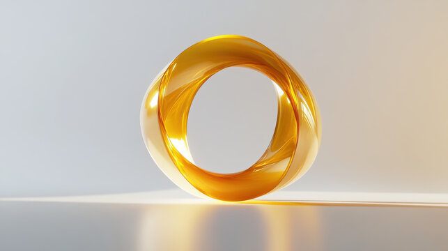 Golden mobius strip sculpture glows under soft studio lighting in a modern minimal space.