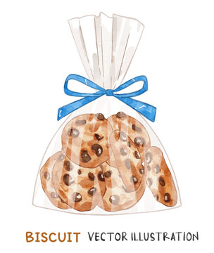 Cookies in transparent plastic bag with blue ribbon bow tie. Watercolor biscuits packaging.