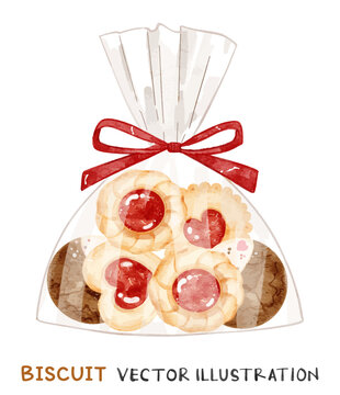 Biscuits in transparent plastic bag with red ribbon bow tie. Watercolor biscuits packaging.