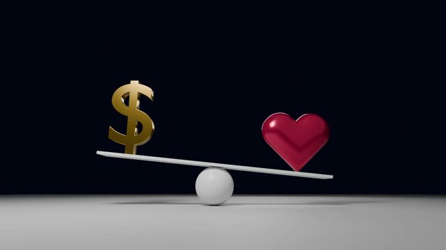 Balancing dollar and heart, visual metaphor for choosing between financial success, romantic love, personal values and happiness