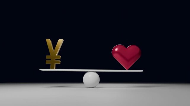 Balancing yen and heart, conceptual 3D animation about money versus love, personal values, happiness and financial priorities