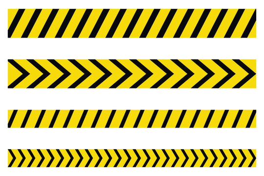 Caution tape border set featuring black and yellow chevron stripes for warning signs. Seamless danger caution line, perfect for stop or hazard construction borders, long caution ribbon. eps 10
