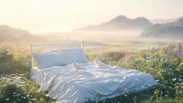 A white metal bed with linens and two white doves sits in a sunlit wildflower meadow, with misty mountains in the distance.