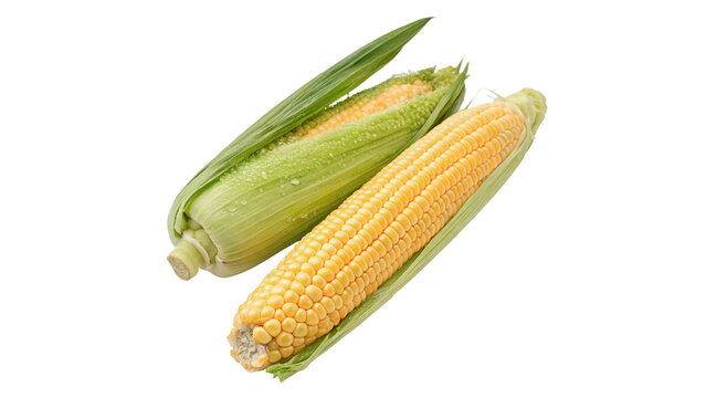 Two fresh raw sweet corn ears isolated on transparent background
