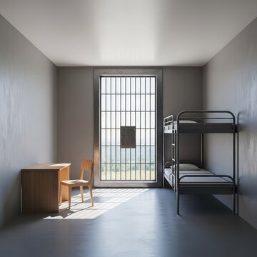 A clean, minimalist modern prison cell featuring a large reinforced window, a metal bunk bed, a small wooden desk, and neutral gray walls, housing, confinement, glass