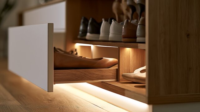 Modern wooden shoe cabinet with interior LED lighting and open drawers.