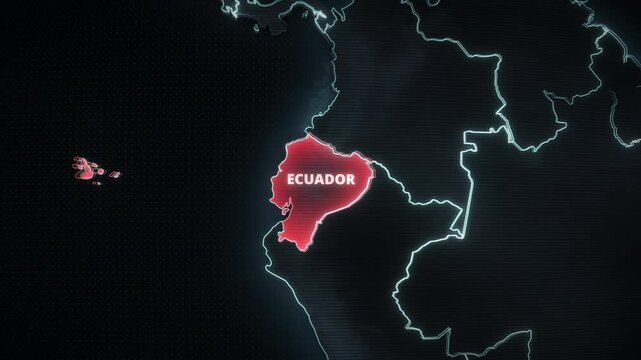 Digital map of Ecuador, South America, featuring a red alert highlight, glowing country borders, and typography, perfect for an urgent news broadcast or horizontal presentation backdrop.
