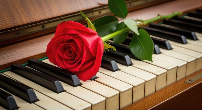 A delicate red rose rests upon the weathered ivory and ebony keys of a vintage wooden piano, capturing a timeless sense of musical romance, soft, shadow, petal