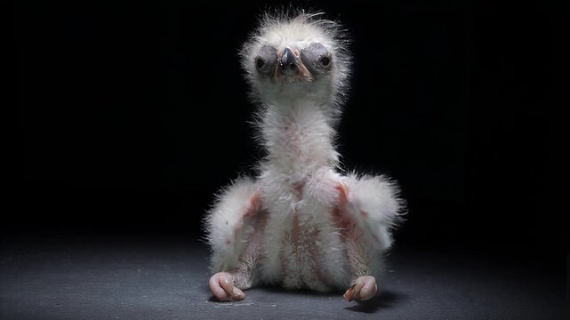 Adorable fluffy owlet with large eyes sits on a dark surface