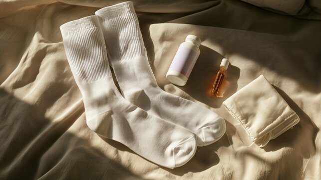 Restless Legs Awareness Day: restless legs relief items: compression socks, magnesium supplement bottle, essential oil roller, and a small heating pad