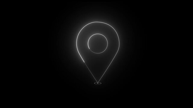 Glowing neon location icon animation searching place address travel direction road signs map symbol on black background 4k video