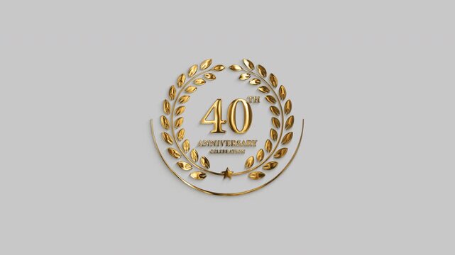 Luxurious golden 40th anniversary animation with metallic numbers, laurel wreath, and star ornament for celebrations, weddings, commemorations, and special events. 4k motion graphic with alpha channel