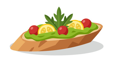 A crusty slice of toasted bread is generously topped with a vibrant green mash, punctuated by bright red cherry tomatoes, tart yellow lemon half-slices, and a fresh parsley sprig placed in the center © Skyframe