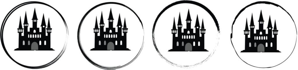 Fototapeta premium Four circular showing a detailed medieval castle silhouette with pointed towers, isolated on a white background