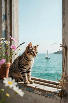 Gato atigrado sentado en el alf&eacute;izar de una ventana mirando al mar y a un velero