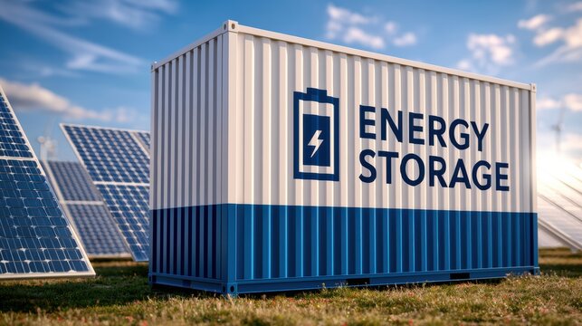 A large energy storage container sits outdoors near solar panels under a partly cloudy sky.