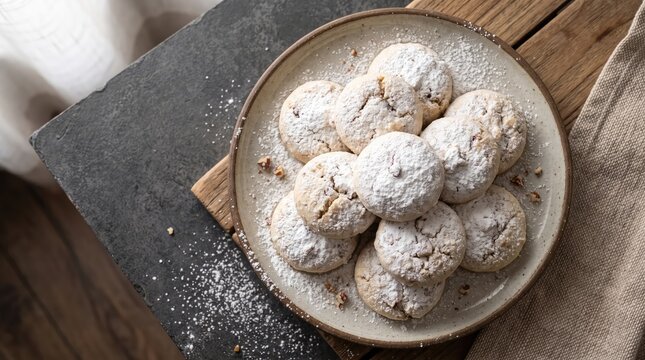 Top view of Mexican Wedding Cookies, Top view of Sweets, Dessert, Holiday Sweets