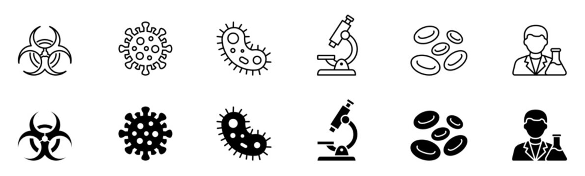 Science laboratory and microbiology research vector line and filled icon set for medical virus analysis.