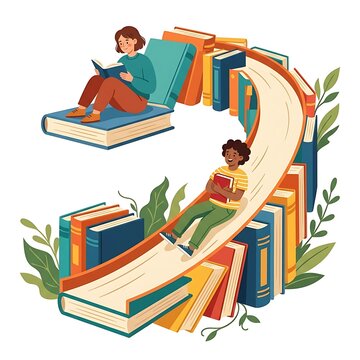 People reading books and sliding down a giant book slide in a whimsical library illustration