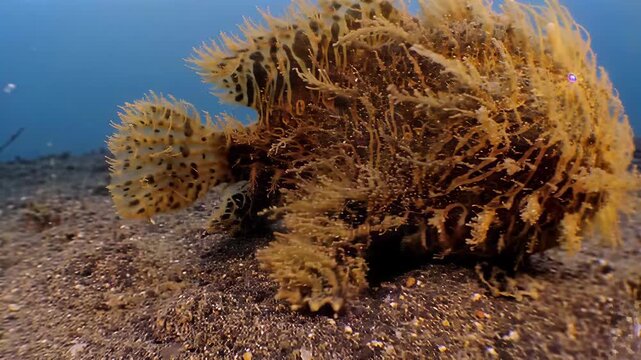 Camouflaged frogfish blends seamlessly with coral reef environment underwater