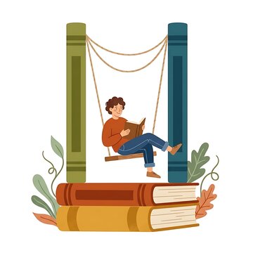Person reading a book on a swing between giant books illustration