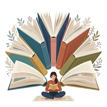 Woman reading book surrounded by open books illustration for education and literature concept
