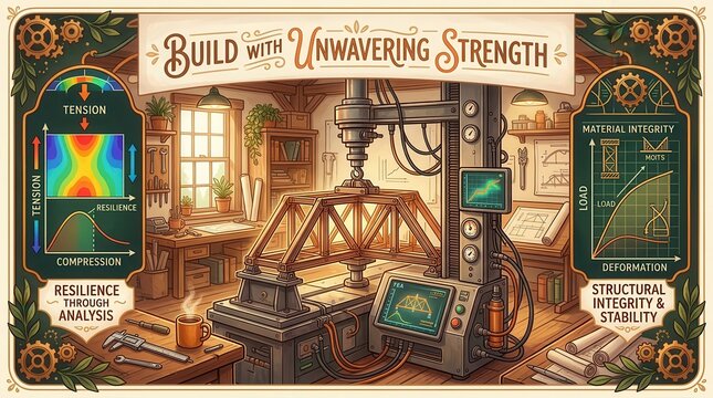 Mechanical Engineering Workshop with Testing Machine and Structural Analysis Graphics, Inspiring Strength and Resilience
