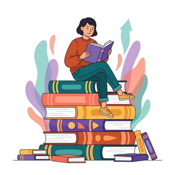 Young woman reading a book while sitting on a large stack of colorful books illustration