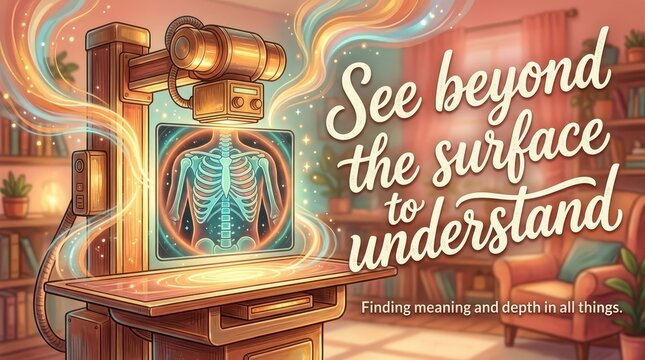 Medical X-ray machine displaying human skeleton, glowing with energy and wisdom, concept of understanding deeper meanings.