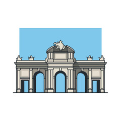 Obraz premium Minimalist vector illustration of the Puerta de Alcalá monument against a clear blue sky, clean geometric shapes, modern graphic aesthetic, isolated on a white background.