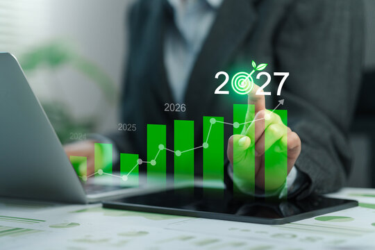 Green Business growing in 2027. New year Environment Concepts. Sustainable environment development goals, Eco-friendly green business, clean planet and ecology, ESG and NetZero
